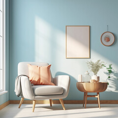 mockup 3d living room interior mockup in warm tones with armchair on empty light blue wall background