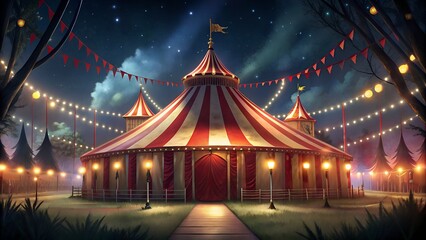 Circus Tent Illuminated by Lights, Enthralling Crowds with Festive Atmosphere.