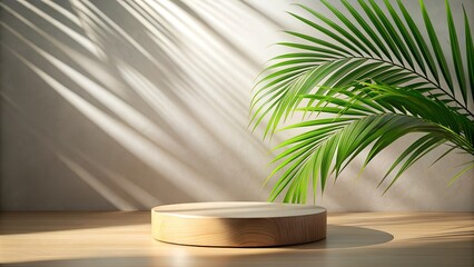 Obraz premium Minimal Wooden Podium, Palm Leaf, and Sunlight Create Nature-inspired Presentation Stand.