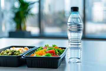 Healthy lunch concept: Water bottle with fresh salad in a modern workspace