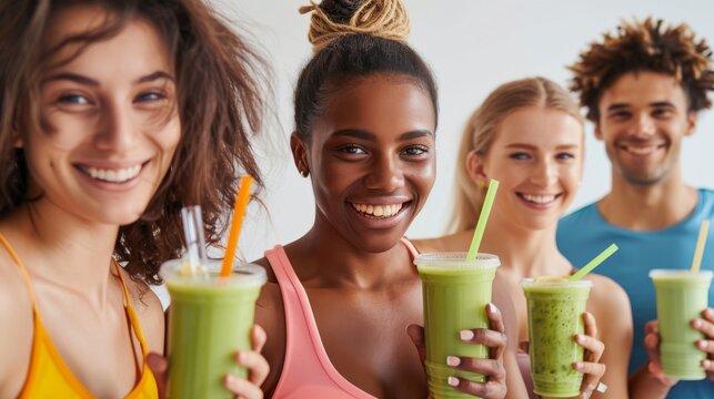 Diverse group of friends enjoying green smoothies together with smiles - Powered by Adobe