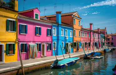 Fototapeta na wymiar A colorful row of houses along the canal in Burano, Italy with boats docked on both sides and blue sky above