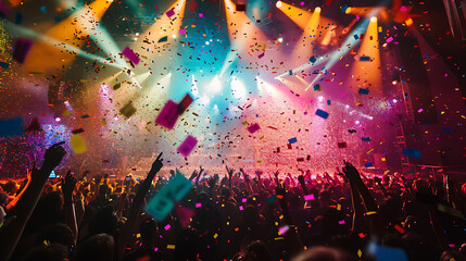 Excited Crowd at Concert With Confetti Falling