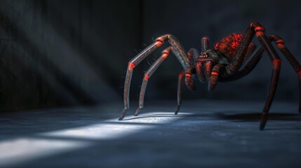 Arranges an eerie scene in which a spider s vibrant red markings are illuminated by a single beam of light in a dark room, emphasizing its predatory and mysterious nature