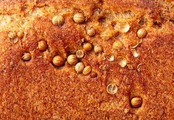 Sesame seeds on the crust of bread. Macro