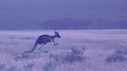 Arranges an aerial shot of a kangaroo leaping through open fields, the patches of warm brown in the landscape echoing the animal s fur, adding to the sense of motion and energy - obrazy, fototapety, plakaty