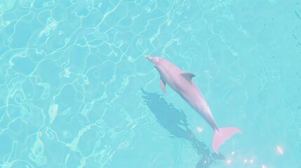 Arranges an aerial view of a dolphin as it swims through a quiet bay, the soft grays of its body contrasting with the clear blue waters, illustrating its graceful solitude