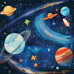 Naklejka premium Illustrate a vast expanse of outer space filled with distant planets, swirling nebulas, and shimmering stars, where children can embark on an intergalactic journey of discovery and exploration