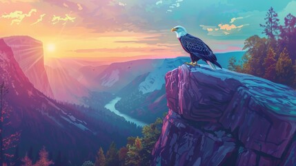 Uses the last light of sunset to illuminate a bald eagle as it settles onto a high cliff, the stark whites of its head and tail glowing against the fading light, encapsulating the serene majesty of th