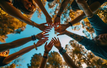 Community life style concept with Multi ethnic group of young people guys and girls hugging together holding hands outdoors - Unity, support and collaboration concept