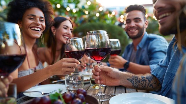 Multiracial young people enjoying rooftop dinner party together - Food and beverage concept with guys and girls having lunch break outside