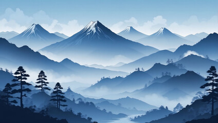 Serene mountain landscape vector in shades of blue, crafted in the minimalist Japanese style with mist-covered peaks, colors altered for each variation.