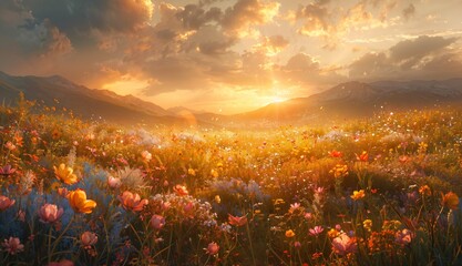 Fototapeta premium Sun-kissed Meadow: A vast expanse of wildflowers swaying gently in the breeze, bathed in the warm glow of the morning sun