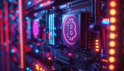 Bitcoin Mining Rig: A close-up shot of a powerful computer mining rig with colorful lights flashing