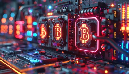 Bitcoin Mining Rig: A close-up shot of a powerful computer mining rig with colorful lights flashing