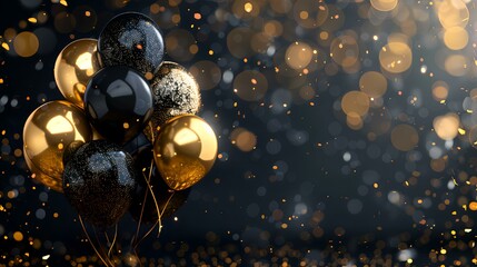 A sophisticated trio of black and gold balloons rises amidst a flurry of golden confetti, set against a dark, textured background for a luxurious celebration theme