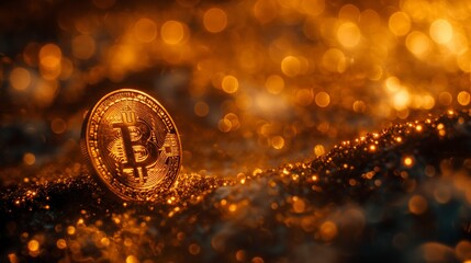 Golden Hope: A single, shiny and intricate Bitcoin rests on a bed of black felt. Behind the scenes, a soft bokeh effect creates a kaleidoscope of gold and orange. It symbolizes the potential and optim