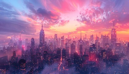 Fototapeta na wymiar Glowing City Skyline: A panoramic view of a city skyline at dawn, with buildings illuminated in soft pastel hues, creating a magical atmosphere