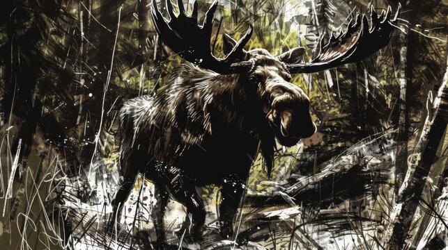Uses a panoramic view to depict a moose traversing a wide, scenic landscape, the earthy browns of its body set against the expansive green and brown hues of the wild, emphasizing its dominance in the