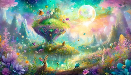 Obraz na płótnie Canvas serene fantasy planet painted in soft pastel hues, featuring a detailed, vibrant foreground with whimsical flora and curious creatures, set against a gently blurred background 