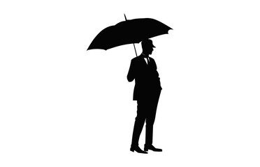 A Man Standing with Umbrella Black Silhouette Vector