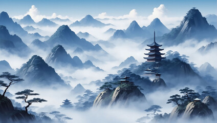 Traditional oriental mountain scenery rendered in soothing blue shades, evoking a minimalist Japanese aesthetic, with fog enhancing the tranquil atmosphere. - obrazy, fototapety, plakaty