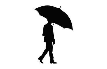 Man Walking with Umbrella Silhouette Vector isolated on a white background