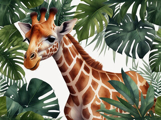 Watercolor Illustration Giraffe and Tropical Leaves - obrazy, fototapety, plakaty