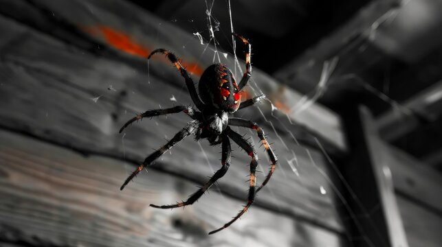 Uses a backdrop of deep shadows in an old shed to photograph a spider descending from the ceiling, the vibrant red on its body serving as the only source of color in an otherwise monochrome setting