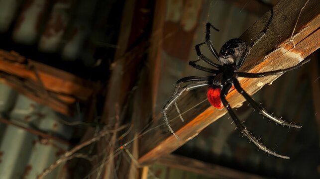 Uses a backdrop of deep shadows in an old shed to photograph a spider descending from the ceiling, the vibrant red on its body serving as the only source of color in an otherwise monochrome setting