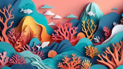 Fototapeta na wymiar Vector D abstract background with paper cut shapes. Colorful carving art. Paper craft Coral Reef landscape with gradient colors.