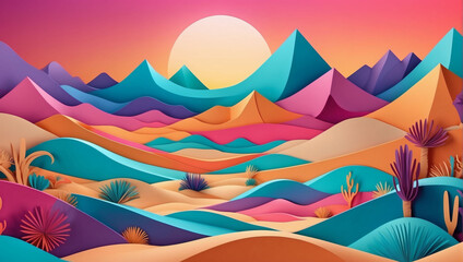 Fototapeta na wymiar Vector D abstract background with paper cut shapes. Colorful carving art. Paper craft Desert Dunes landscape with gradient colors.