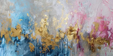 Fotobehang The abstract picture of the gold, pink and blue colour that has been painted or splashed on the white blank background wallpaper to form the random shape that cannot be describe yet beautiful. AIGX01. © Summit Art Creations
