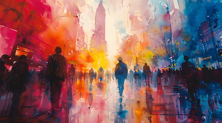 Emotional City Rhythms: Watercolor Scene of Bustling Street with Fauvist Palette