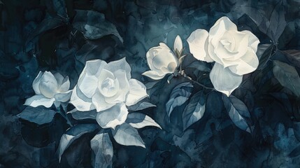 Gardenias in a dark moody watercolor setting