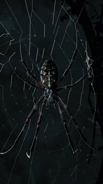 Showcases a spider as it repairs its web under the cover of night, the dark blacks of its form melding with the shadows, creating an image of subtle drama and complexity