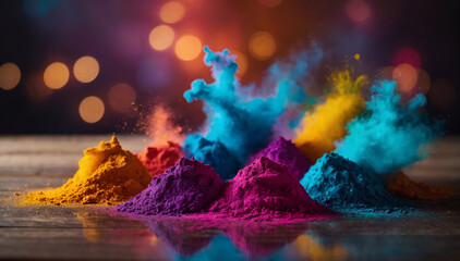 Colorful Holi powders on a top table with bokeh lights for mockup

