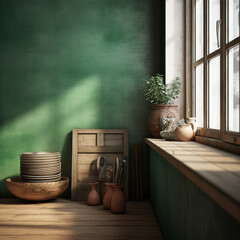 mockup of rustic green wooden kitchen