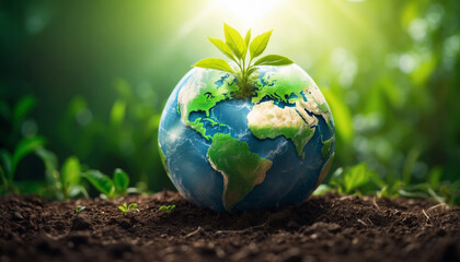 Environment, save clean planet, ecology concept. World Earth Day banner. Young green plant growing at sunlight

 - obrazy, fototapety, plakaty