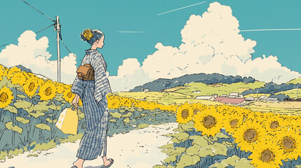 浴衣を着た女性が向日葵が咲く田舎の道を歩いている