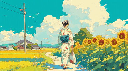 浴衣を着た女性が向日葵が咲く田舎の道を歩いている