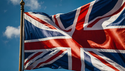 Flag of the United Kingdom, on a breezy afternoon, close-up - obrazy, fototapety, plakaty