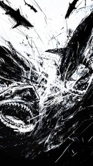 Obraz premium Showcases a group of sharks during a feeding frenzy, their powerful movements stirring the deep blue waters into frothing waves, a display of raw power and survival instincts