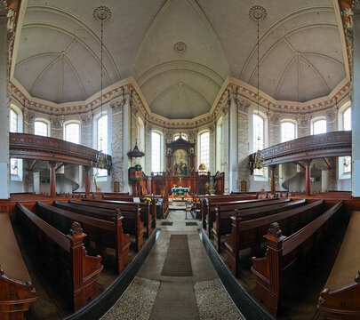 Schwerin, Germany. Panorama of interior of Schelf Church of St. Nicholas. The current church in the Schelfstadt quarter of Schwerin was built in 1708-1713 according to plans by Jacob Reutz.