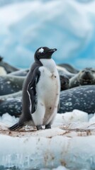 Fototapeta premium Photographs a young penguin cautiously approaching a group of resting seals, its black and white plumage stark against the cool blue ice, showcasing its curiosity in the frozen landscape
