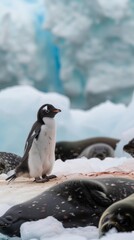 Obraz premium Photographs a young penguin cautiously approaching a group of resting seals, its black and white plumage stark against the cool blue ice, showcasing its curiosity in the frozen landscape