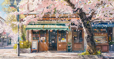 桜の木と小さなお店の水彩イラスト