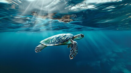 Photographs a turtle as it surfaces for air, the deep blue sea around it reflecting the sky above, creating a moment of calm in the vast ocean