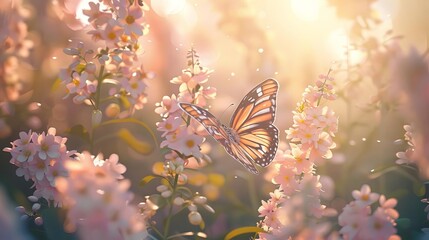 Photographs a serene moment in a sunlit garden where a butterfly flutters among soft pastelcolored flowers, its graceful movements enhancing the peaceful setting - obrazy, fototapety, plakaty