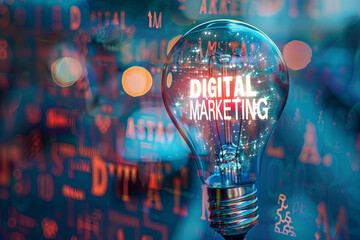 Digital Marketing bulb word cloud with written "DIGITAL MARKETING ", business concept